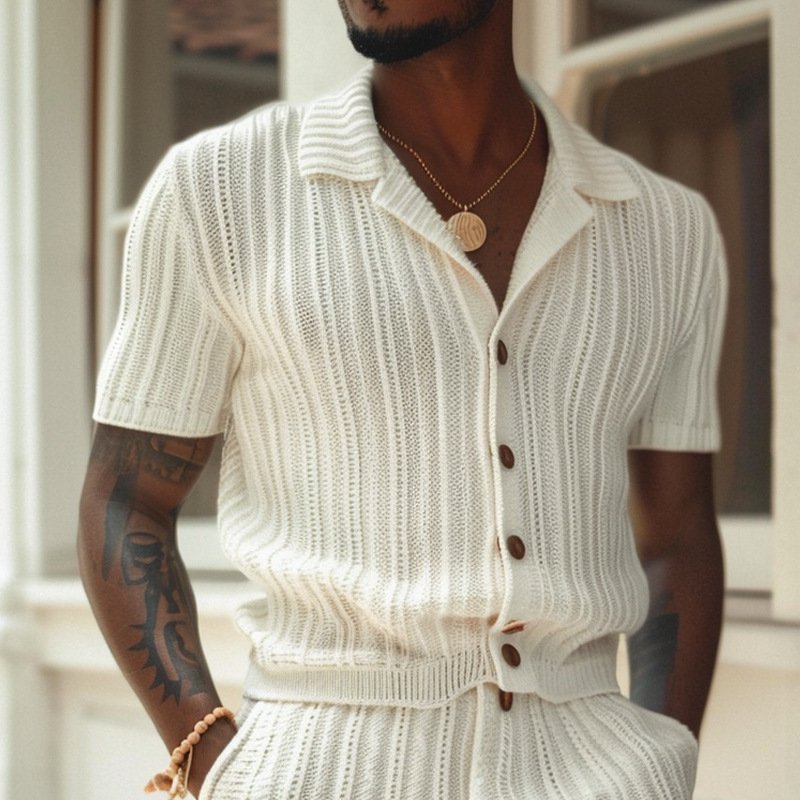 Casual Vertical Pattern Suit Slim Lapel Short Sleeve Button Shirt Shorts - Image 4