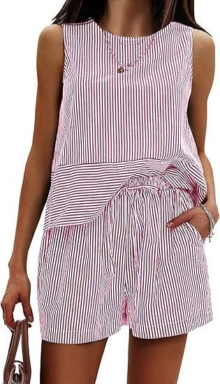 Vertical Striped Waist Round Neck Sleeveless Suit - Image 10