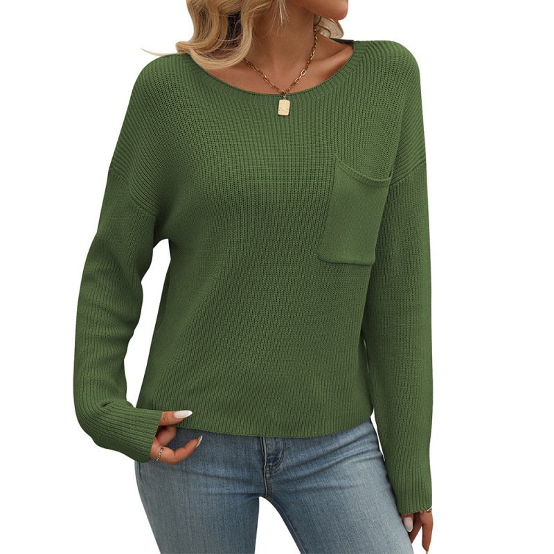 Women's Round Neck Pocket Decorative Top Long Sleeve Sweater - Image 4