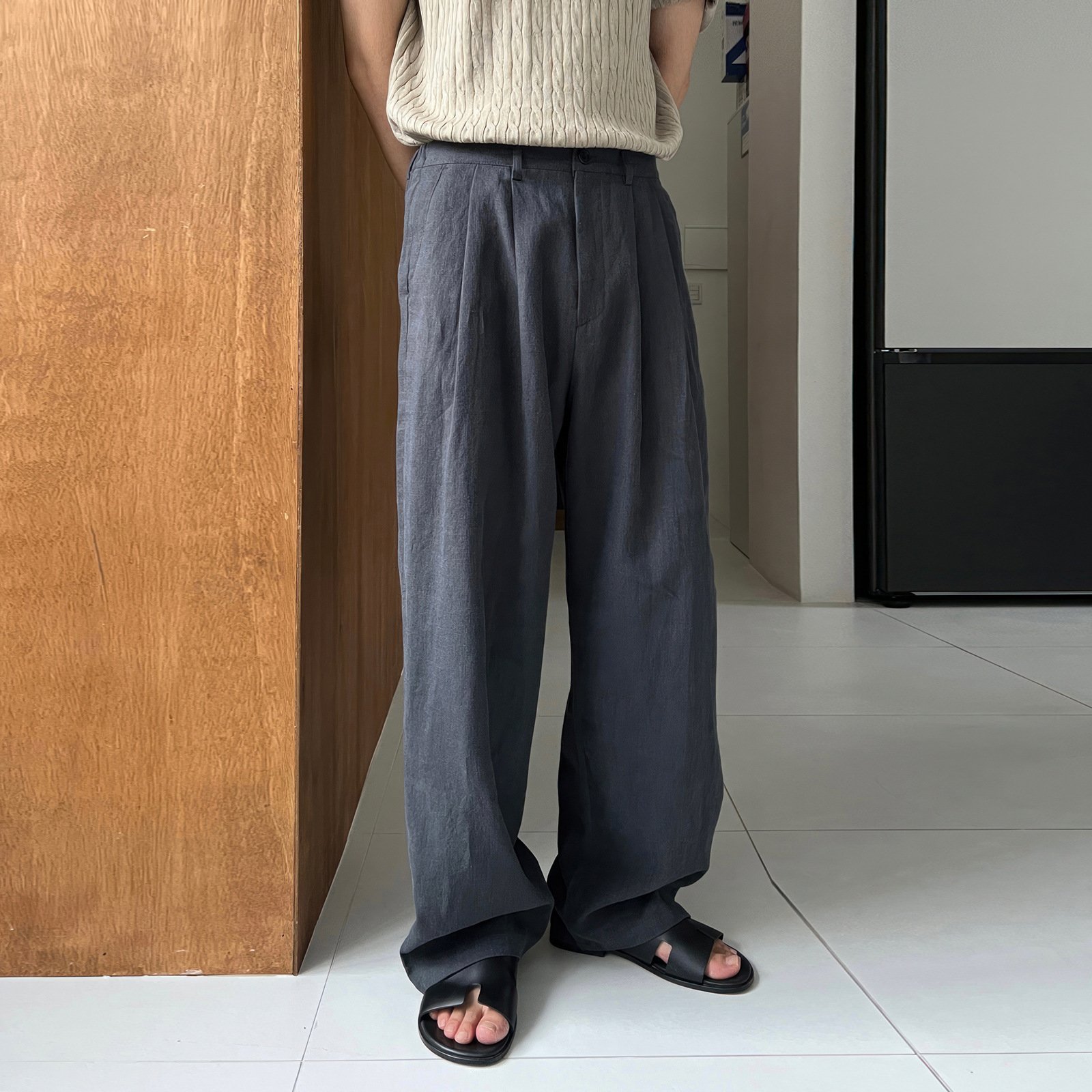 Army Green Linen Leisure Trousers Men's Japanese - Image 7