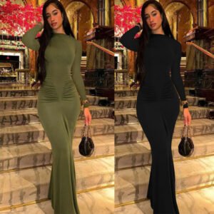 Fashionable Elegant Slim-fit Pleated Round-neck Long-sleeved Dress