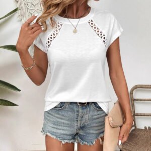 European And American Solid Color Round Neck Short Sleeves Hollow Out Stitching T-shirt