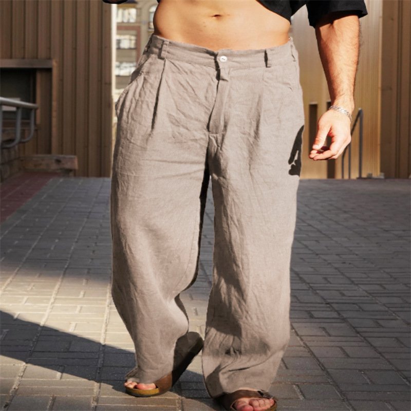 Men's Spring And Summer Linen Pleated Wide-leg Pants Mid-waist Breathable - Image 3
