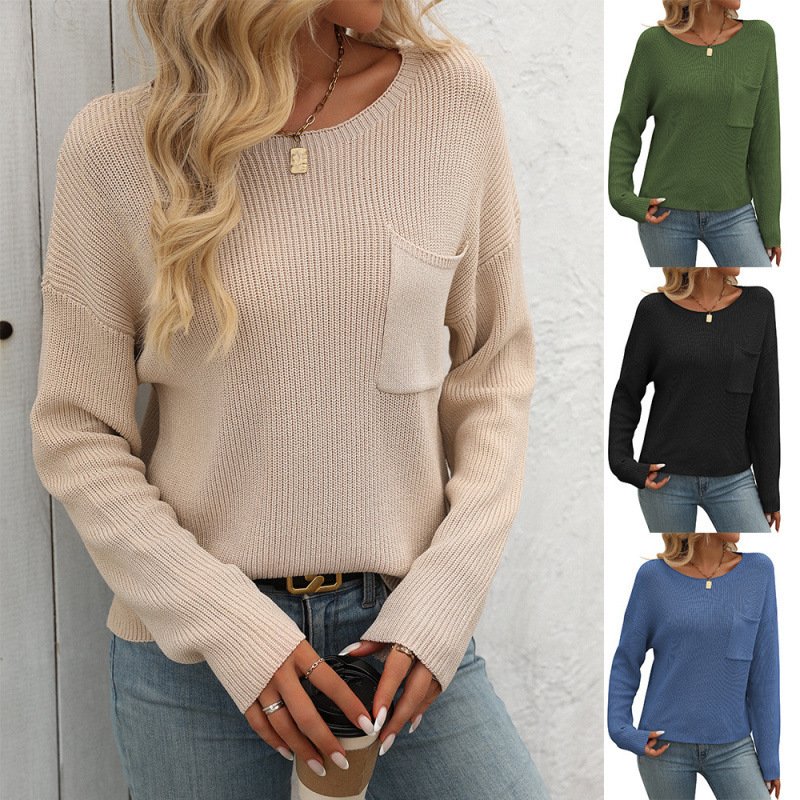 Women's Round Neck Pocket Decorative Top Long Sleeve Sweater