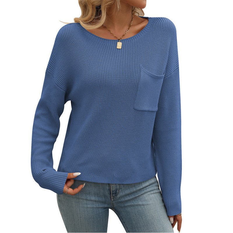 Women's Round Neck Pocket Decorative Top Long Sleeve Sweater - Image 3