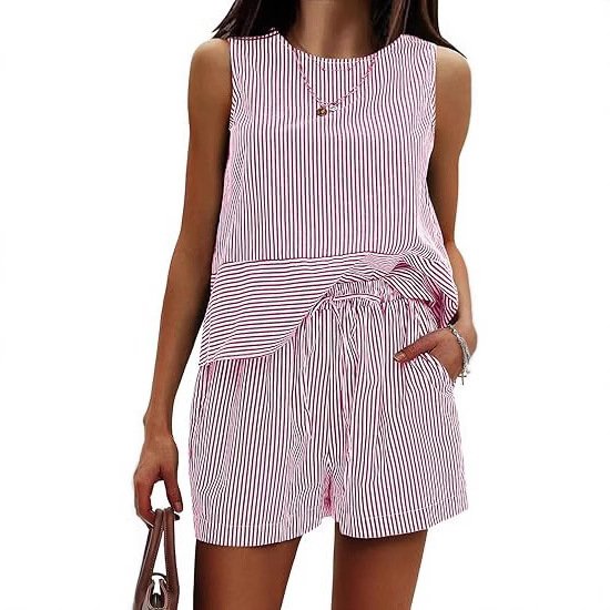 Vertical Striped Waist Round Neck Sleeveless Suit - Image 9