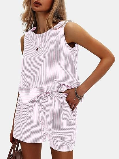Vertical Striped Waist Round Neck Sleeveless Suit - Image 6