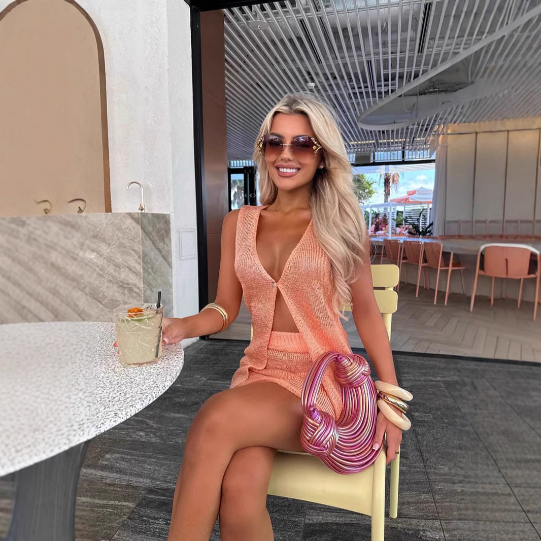 Women's Solid Color Sparkling Bead Cardigan Vest Skirt Set - Image 3