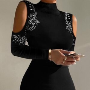 Rhinestone Off-the-shoulder Turtleneck Tight Skirt
