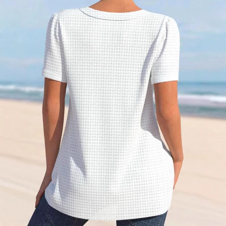 European And American Solid Color Buttons V-neck Short Sleeve Loose Casual Top - Image 2