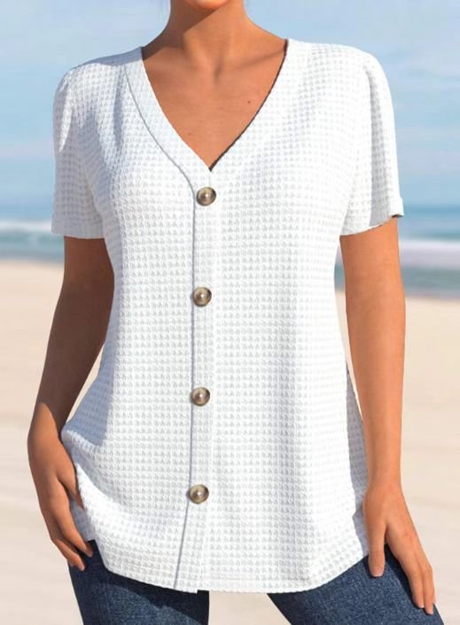 European And American Solid Color Buttons V-neck Short Sleeve Loose Casual Top - Image 3