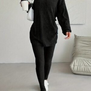 Ribbed Two-piece Set Casual Long Sleeve Hooded Top Skinny Pants Outfits