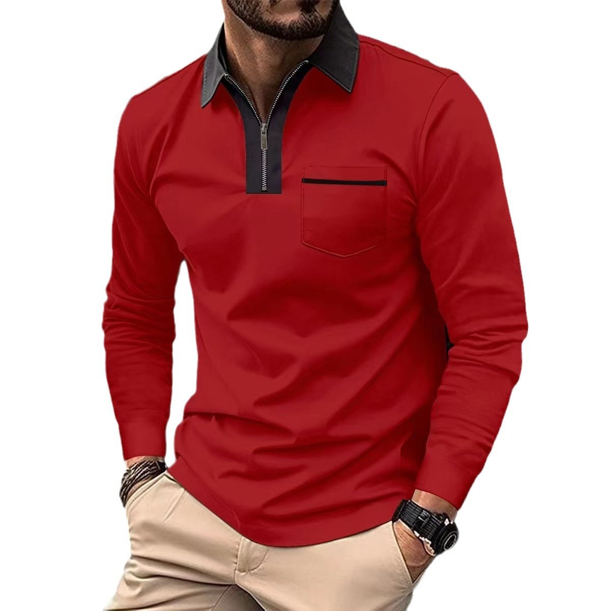 2024 Autumn Mens Long Sleeve Zipper Polo Shirts Casual Lapel Collar Zip Up Henley Shirts Cotton Sports Golf Tennis T-Shirts With Pockets - Image 4