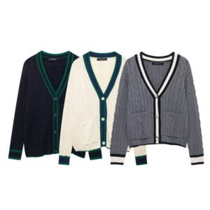 Women's Fashion Color Contrast V-neck Twisted Flower Cardigan Knitted Coat