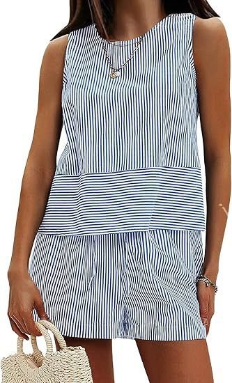 Vertical Striped Waist Round Neck Sleeveless Suit - Image 7