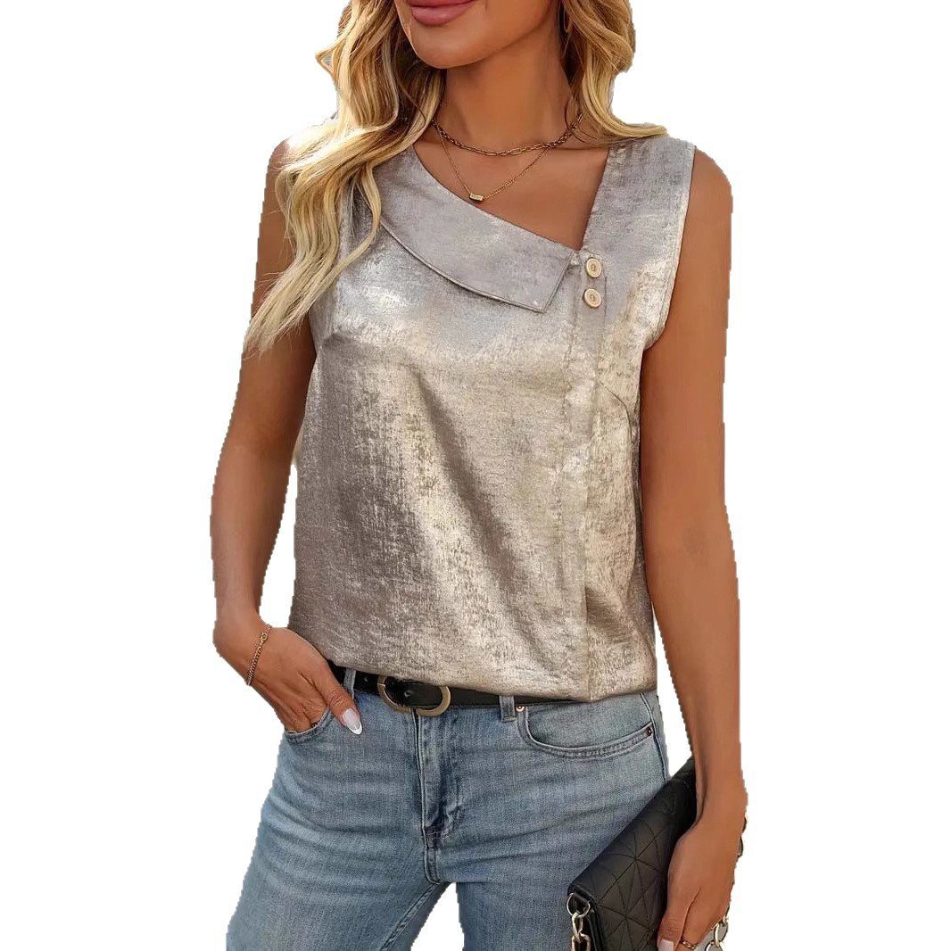 Casual Diagonal Collar Sleeveless Regular Pullover Multi-color Women's Top - Image 4