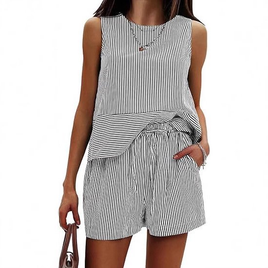 Vertical Striped Waist Round Neck Sleeveless Suit - Image 8