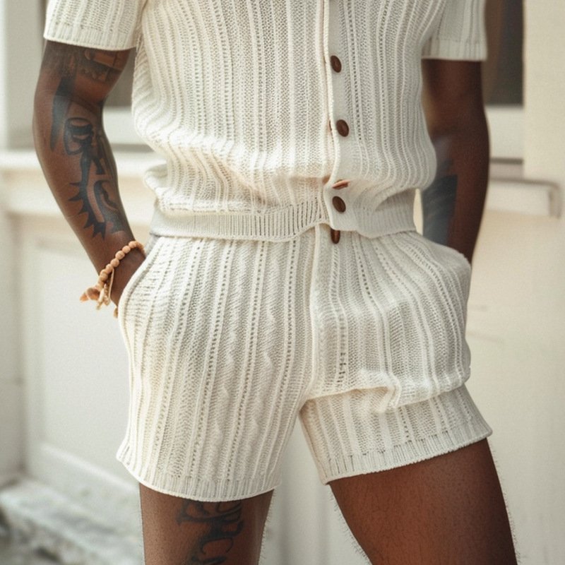 Casual Vertical Pattern Suit Slim Lapel Short Sleeve Button Shirt Shorts - Image 3