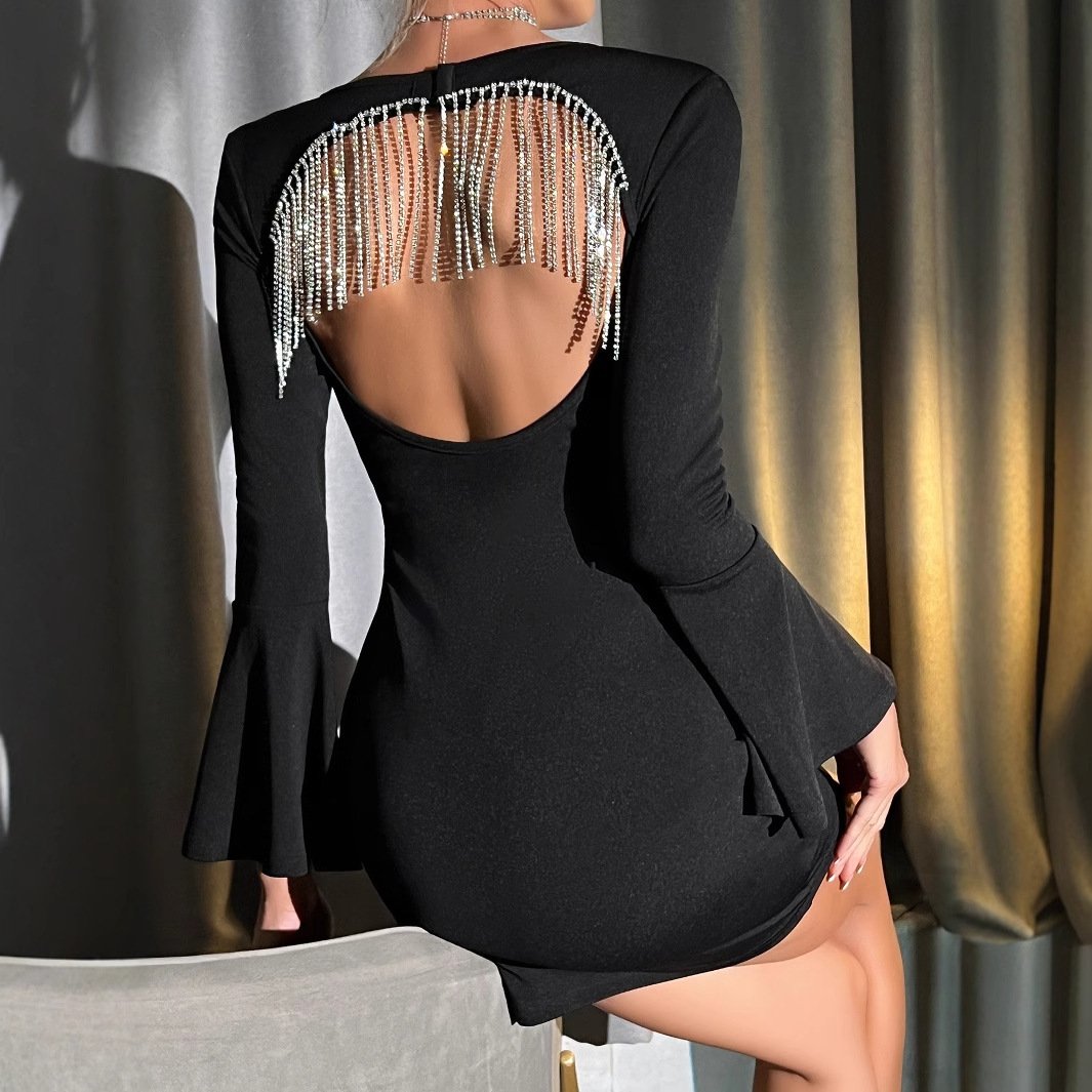 Women's Design Tassel Rhinestone Hollow Out Party Dress - Image 6