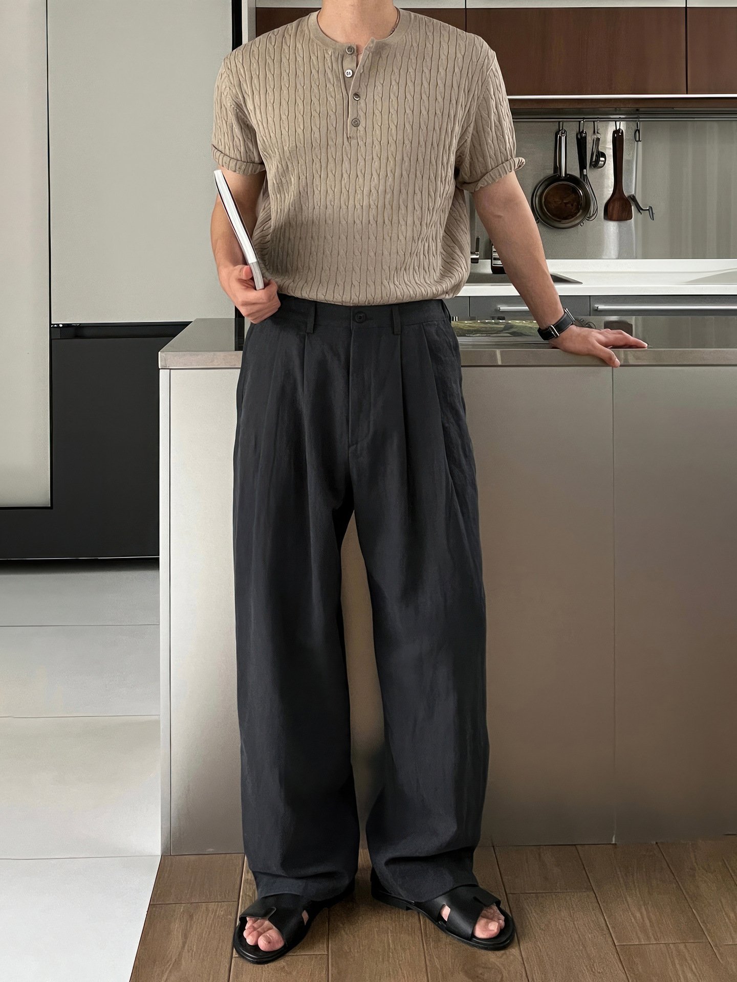 Army Green Linen Leisure Trousers Men's Japanese - Image 6