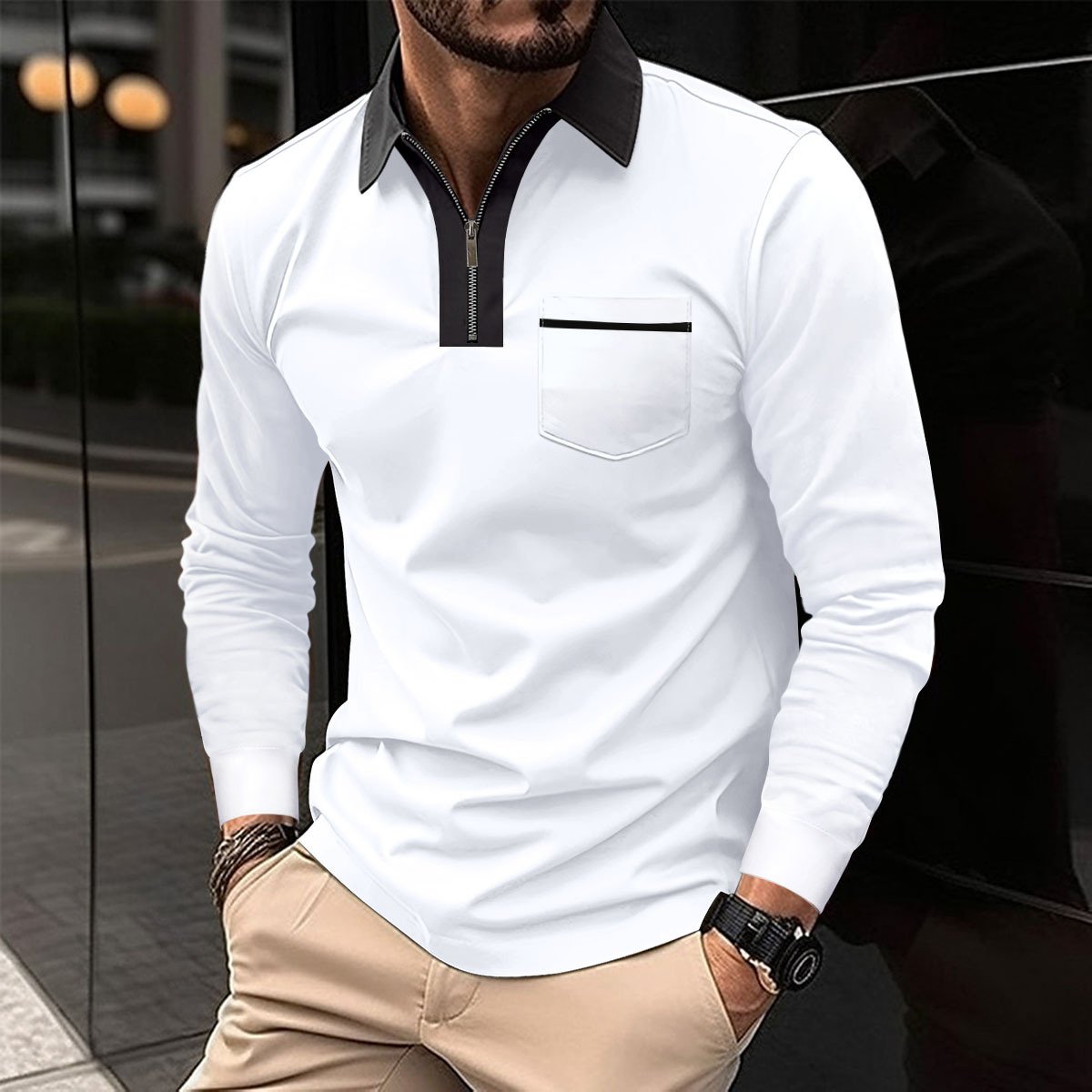 2024 Autumn Mens Long Sleeve Zipper Polo Shirts Casual Lapel Collar Zip Up Henley Shirts Cotton Sports Golf Tennis T-Shirts With Pockets - Image 2