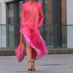 European And American Printed Long Sleeve V-neck Leopard Print Split Pocket Dress