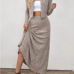 Oriented Fashion Elegant Autumn-Winter New Long-Sleeve Flared Skirt Button-Up Round Neck Cardigan Short Solid Color Goddess Soft Temperament Midi Dress Set