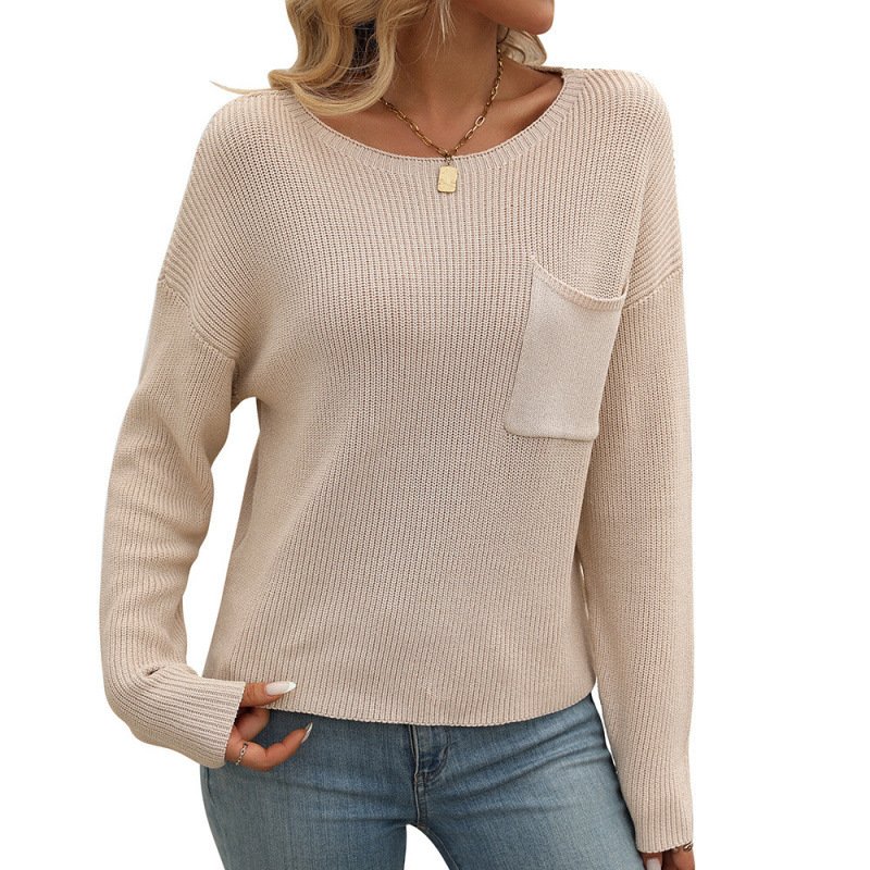 Women's Round Neck Pocket Decorative Top Long Sleeve Sweater - Image 6