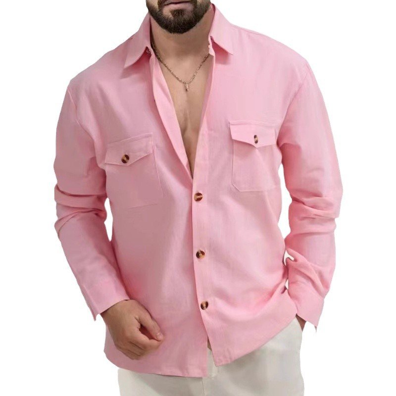 Casual Loose V-neck Solid Color Top Button Chest Pocket Shirt - Image 5