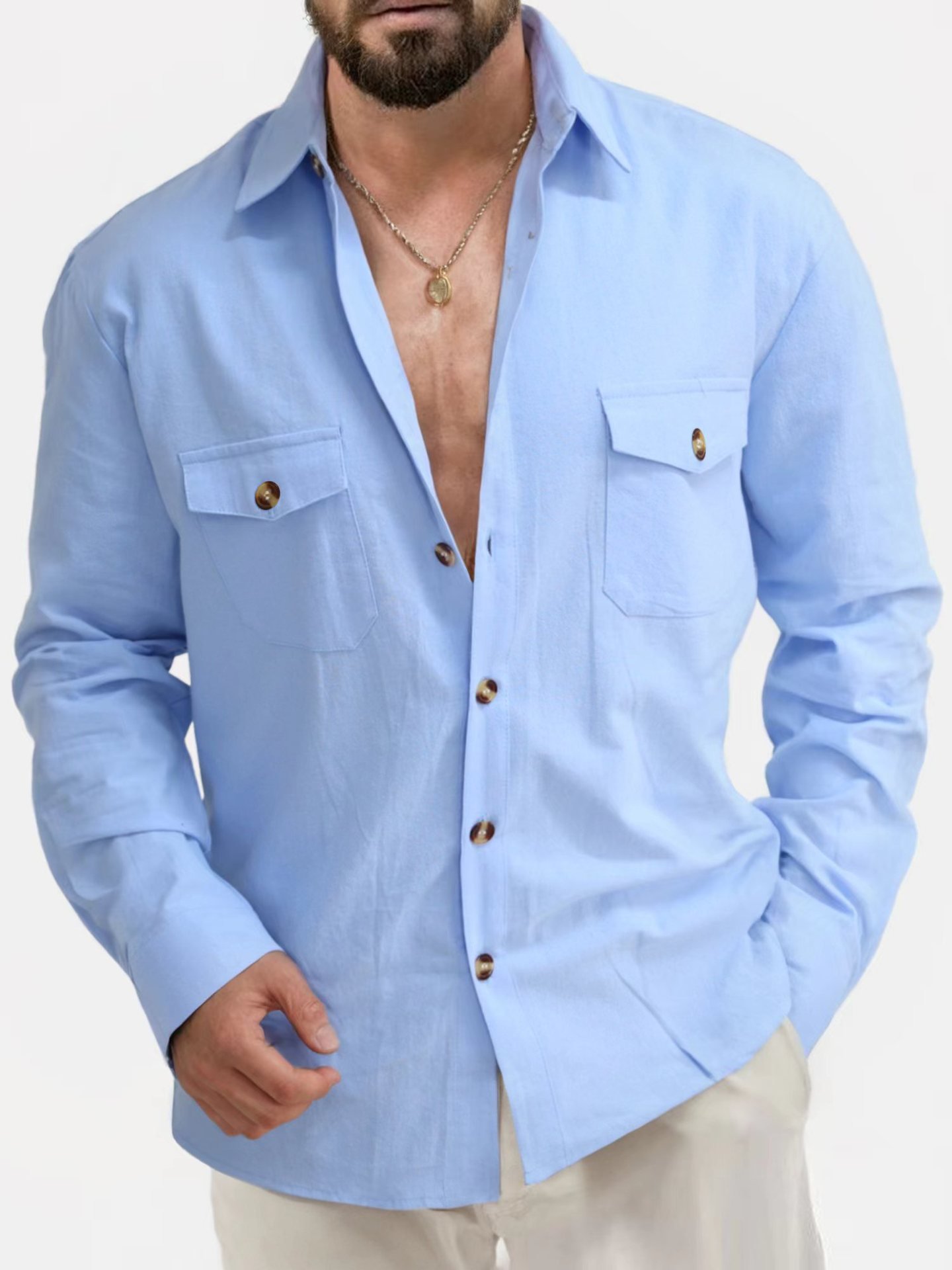 Casual Loose V-neck Solid Color Top Button Chest Pocket Shirt - Image 9