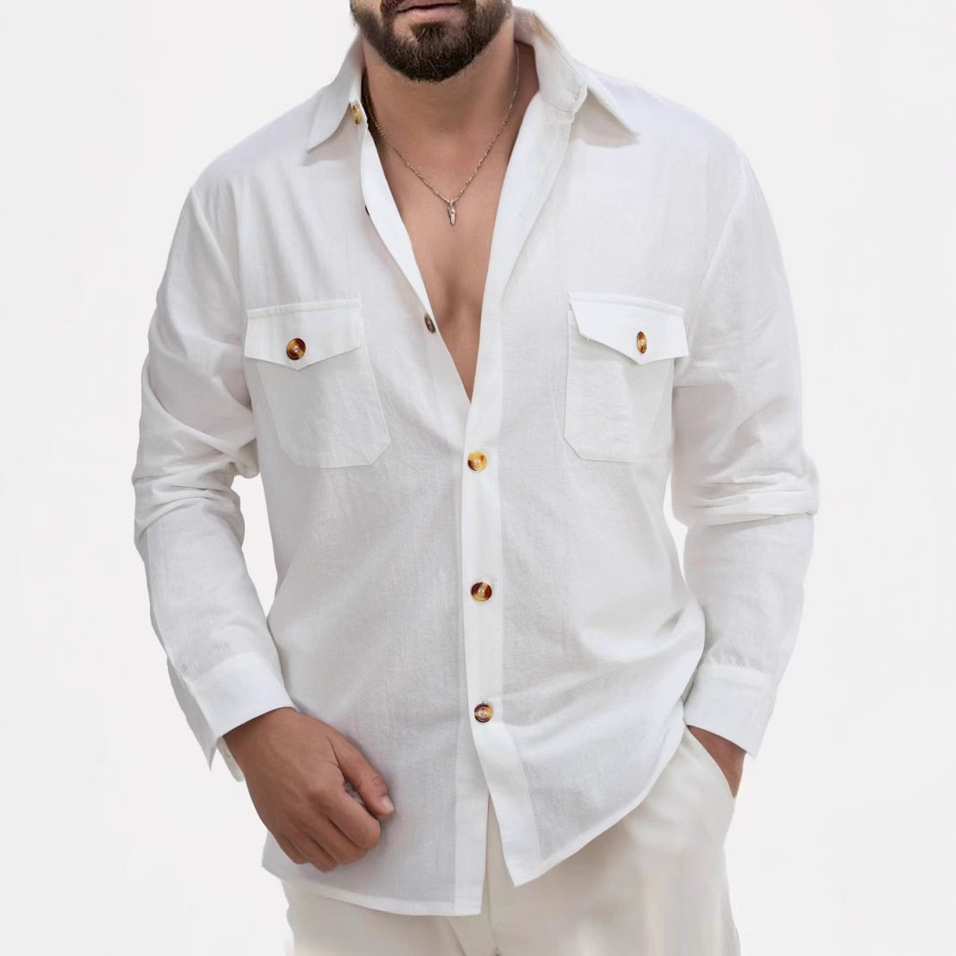 Casual Loose V-neck Solid Color Top Button Chest Pocket Shirt - Image 2