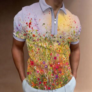 Men's European And American 3D Printing Fashion Simple Zipper Short Sleeve