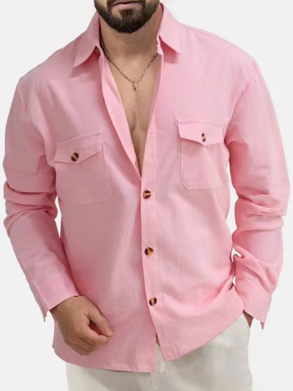 Casual Loose V-neck Solid Color Top Button Chest Pocket Shirt - Image 6