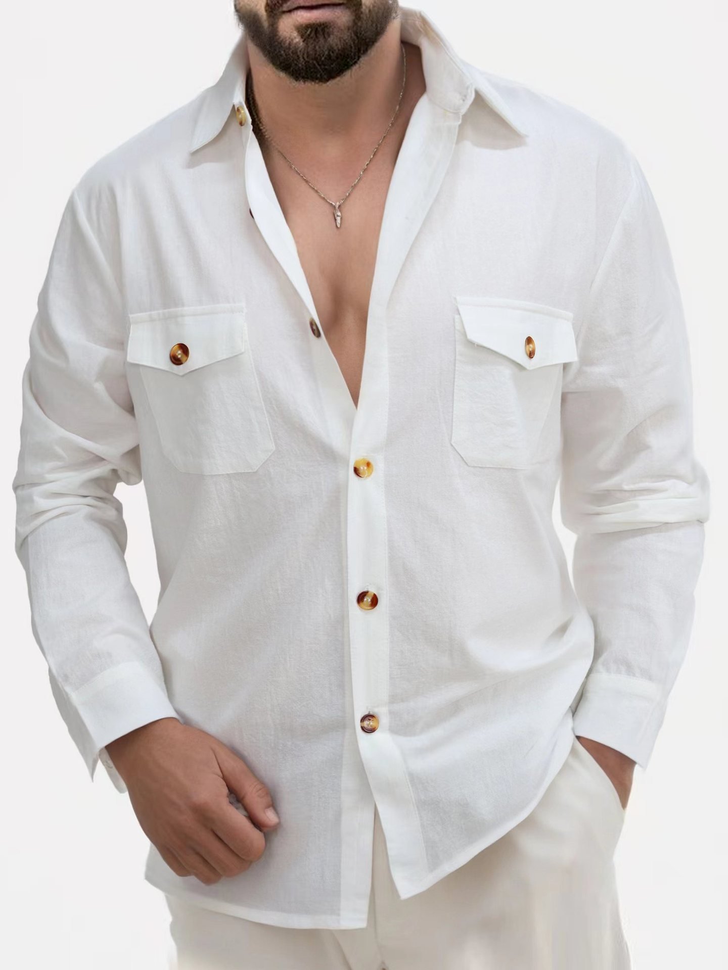 Casual Loose V-neck Solid Color Top Button Chest Pocket Shirt - Image 4