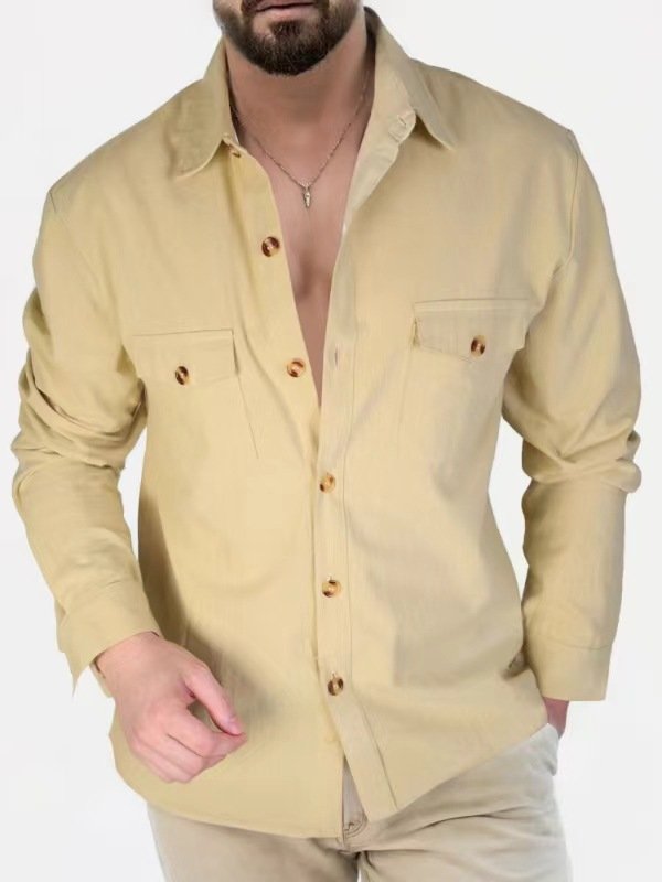 Casual Loose V-neck Solid Color Top Button Chest Pocket Shirt - Image 7