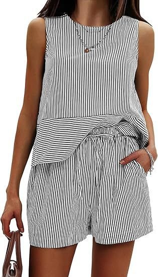 Vertical Striped Waist Round Neck Sleeveless Suit - Image 5