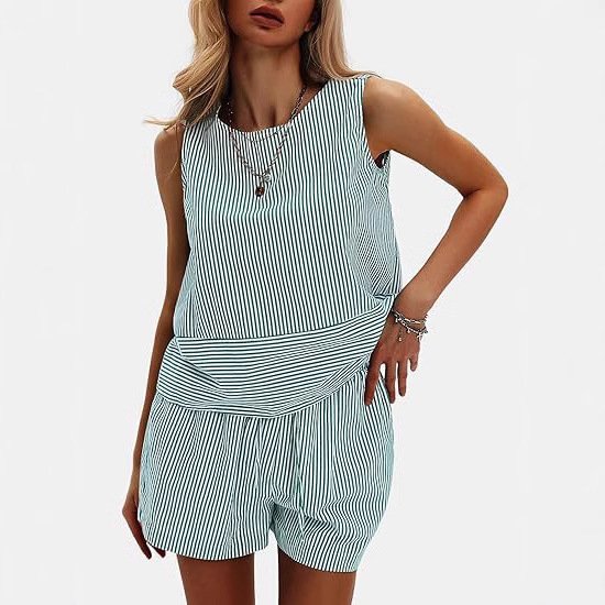 Vertical Striped Waist Round Neck Sleeveless Suit
