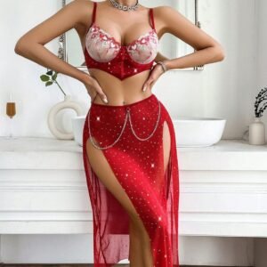 Embroidered Bra Split Red Three-piece Suit