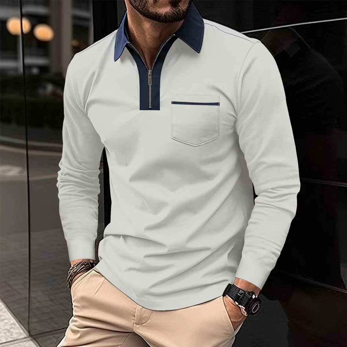 2024 Autumn Mens Long Sleeve Zipper Polo Shirts Casual Lapel Collar Zip Up Henley Shirts Cotton Sports Golf Tennis T-Shirts With Pockets - Image 6
