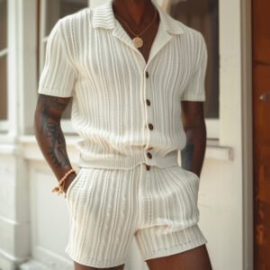 Casual Vertical Pattern Suit Slim Lapel Short Sleeve Button Shirt Shorts