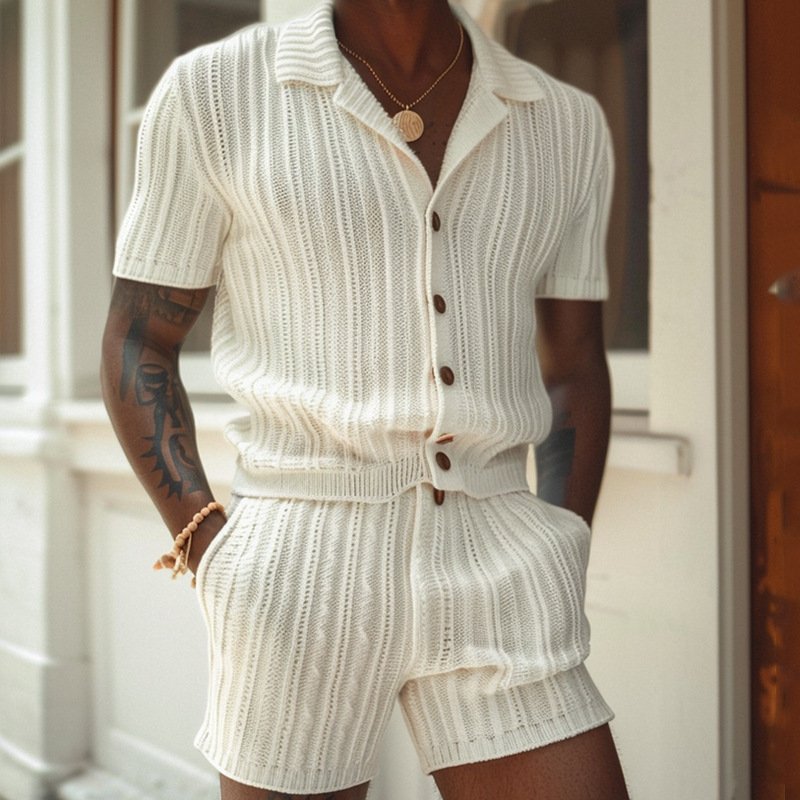 Casual Vertical Pattern Suit Slim Lapel Short Sleeve Button Shirt Shorts