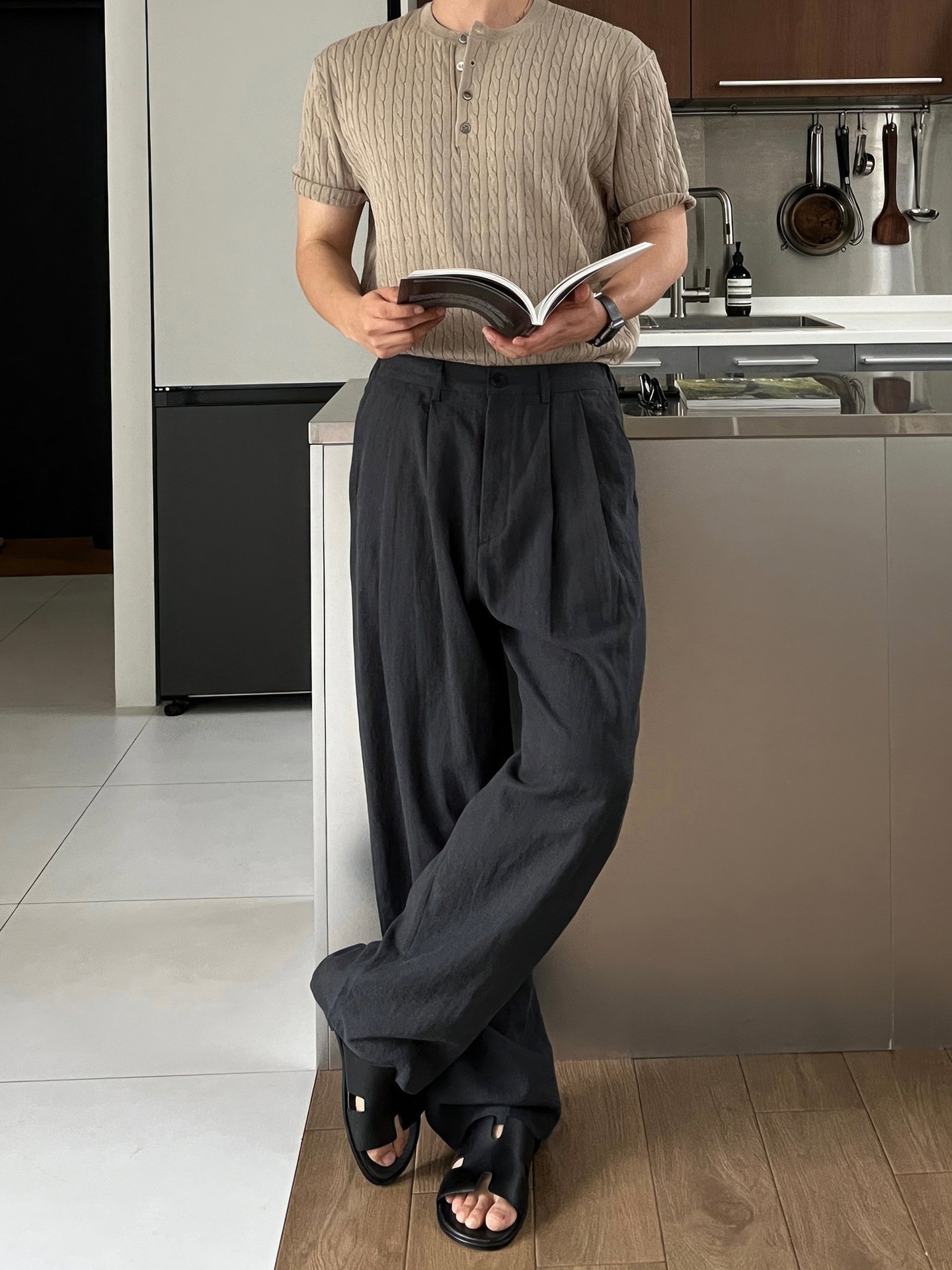 Army Green Linen Leisure Trousers Men's Japanese - Image 3