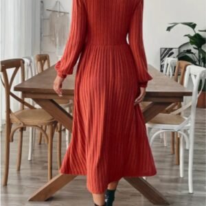Elegant Maroon Ribbed Midi Dress For Women With Lantern Sleeves