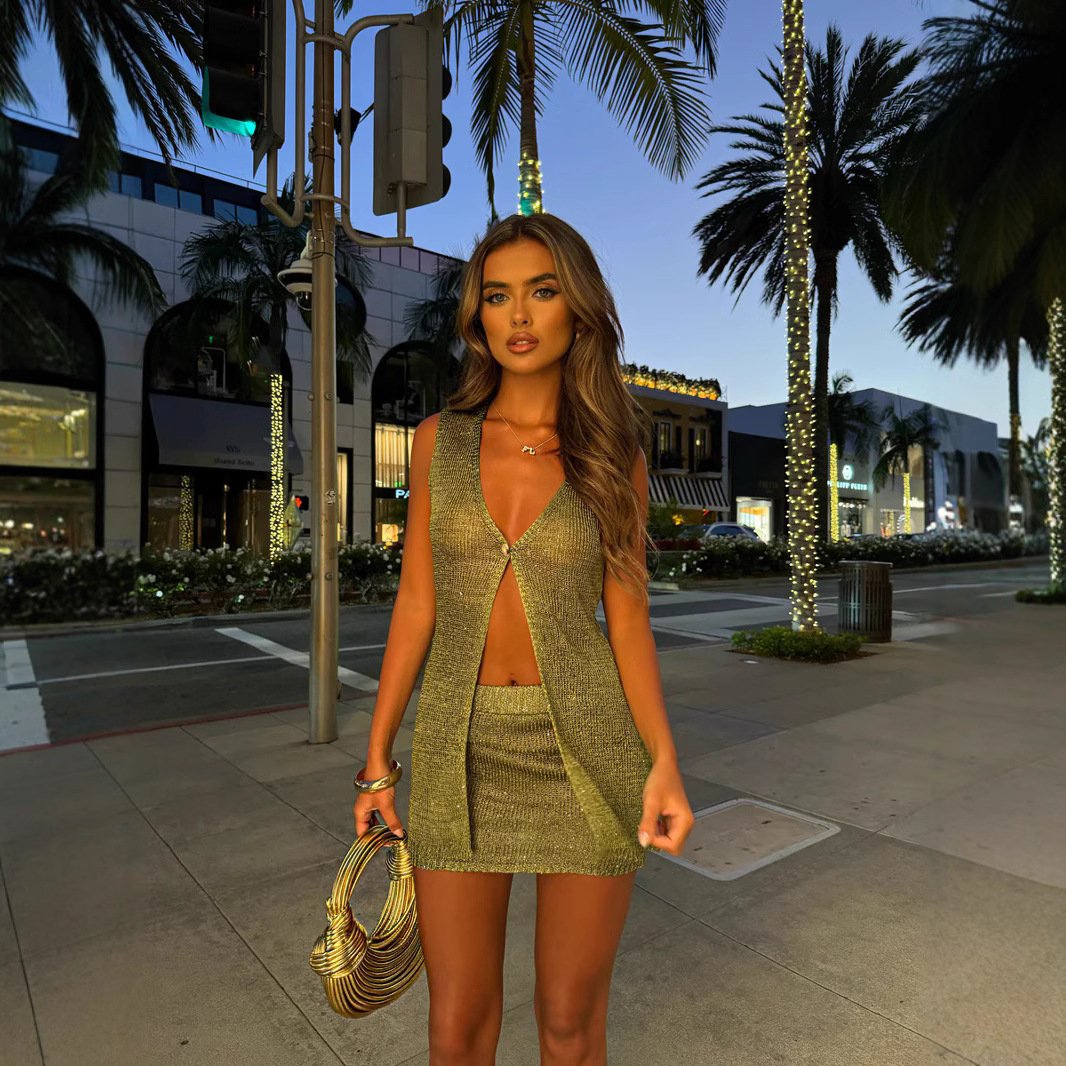 Women's Solid Color Sparkling Bead Cardigan Vest Skirt Set - Image 6