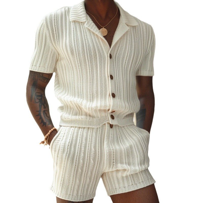Casual Vertical Pattern Suit Slim Lapel Short Sleeve Button Shirt Shorts - Image 5