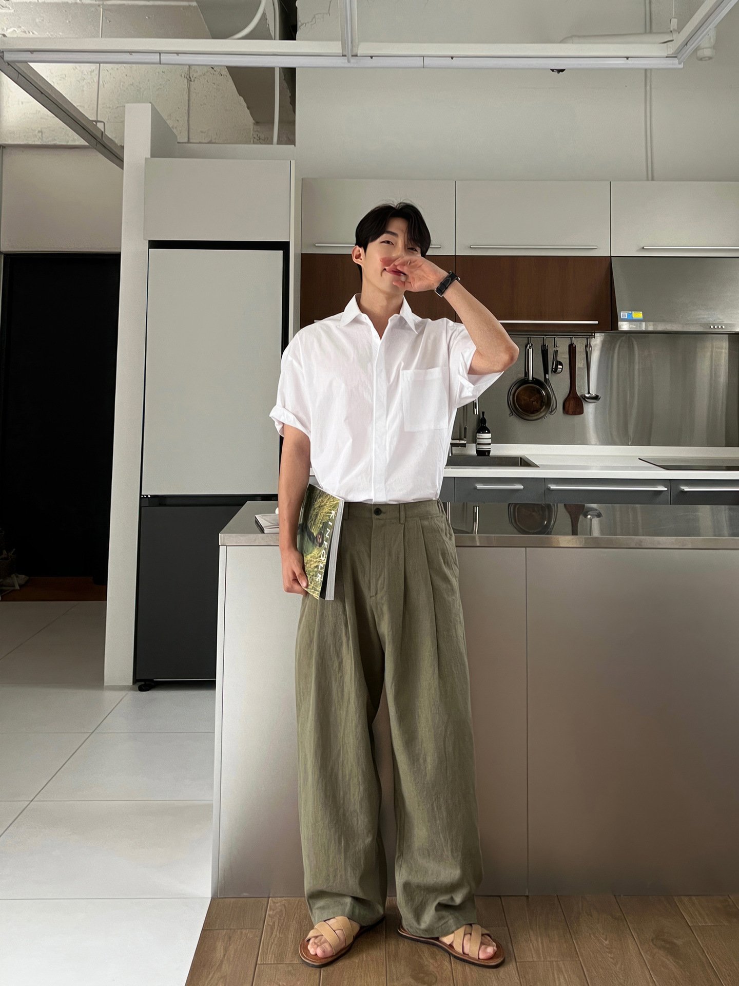 Army Green Linen Leisure Trousers Men's Japanese - Image 2