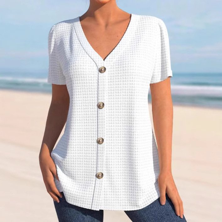 European And American Solid Color Buttons V-neck Short Sleeve Loose Casual Top - Image 4