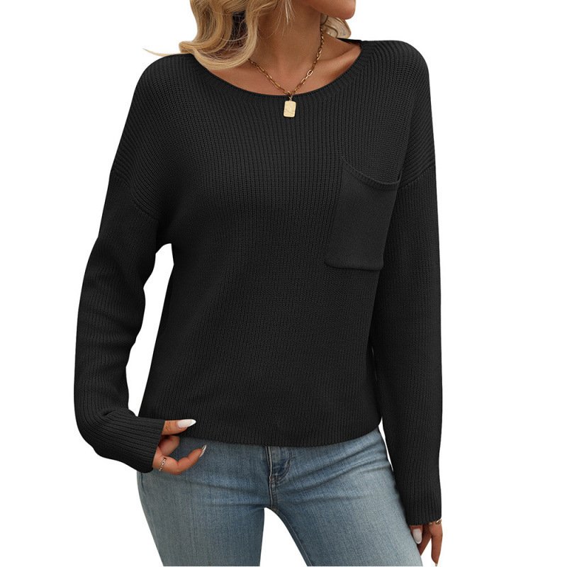 Women's Round Neck Pocket Decorative Top Long Sleeve Sweater - Image 2