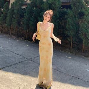 French Style V-neck Sleeveless Floral Dress Women