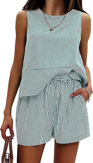 Vertical Striped Waist Round Neck Sleeveless Suit - Image 2